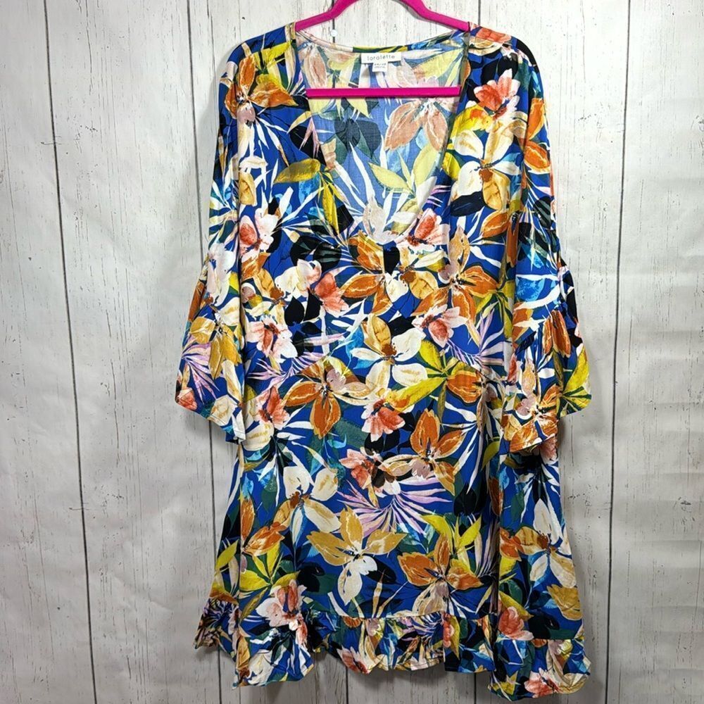 Loralette Tropical Floral Ruffle Sleeve Tunic Dress Plus Size 26/28 Resortwear